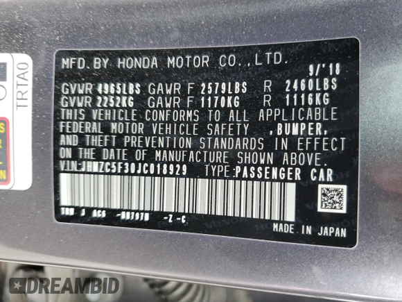 2018 Honda Clarity Plug-In Hybrid Touring with VIN JHMZC5F30JC018929, listed as a Copart auction lot 76524814 with 171,567 mi miles and Salvage Title. Bid and sale history available at carsss.com. Image 12.