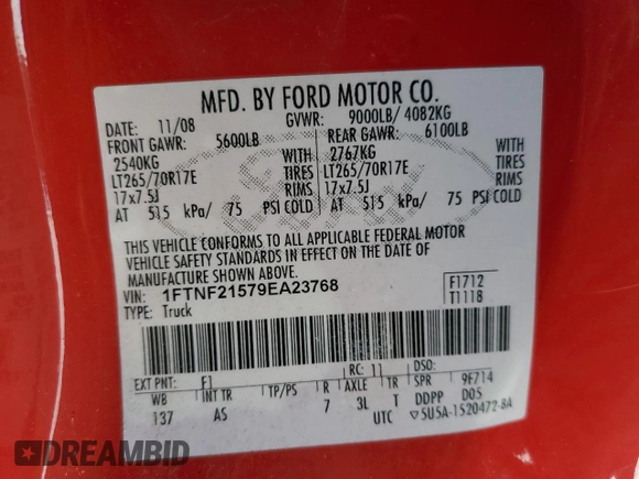 2009 Ford F-250 XL with VIN 1FTNF21579EA23768, listed as a Copart auction lot 89411995 with 75,149 mi miles and Clean Title. Bid and sale history available at DreamBid. Image 12.