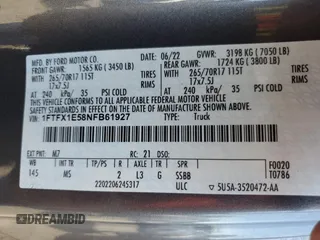 2022 Ford F-150 XL with VIN 1FTFX1E58NFB61927, listed as a Copart auction lot 55233035 with 66,591 mi miles and Salvage title. Bid and sale history available at DreamBid. Image 12.