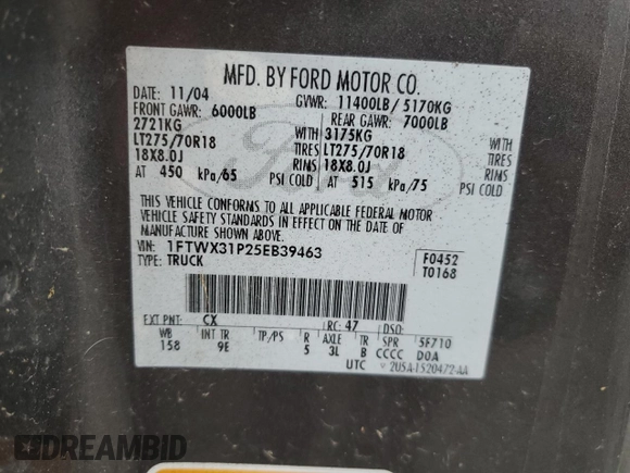 2005 Ford F-350 XL z VIN 1FTWX31P25EB39463, wystawiony jako Copart lot #49637815 z przebiegiem Nie podano mil oraz Szkoda całkowita • Salvage title. Historia ofert i sprzedaży dostępna na DreamBid. Obrazek 12.