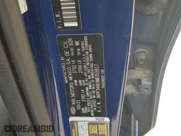 2021 Kia Forte GT-Line с VIN 3KPF34AD3ME355817, выставлен на аукционе Copart как лот 51657935 с пробегом 78 574 миль миль и Списание • Salvage title. История ставок и продаж доступна на DreamBid. Изображение 13.