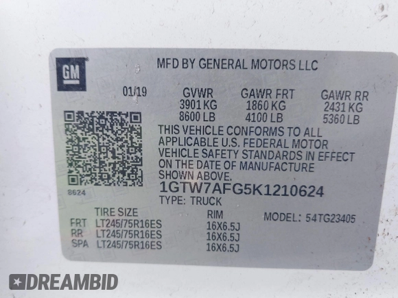 2019 GMC Savana Cargo z VIN 1GTW7AFG5K1210624, wystawiony jako IAAI lot #41786354 z przebiegiem 105 345 mil mil oraz . Historia ofert i sprzedaży dostępna na DreamBid. Obrazek 9.