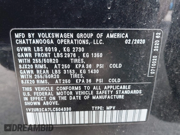 2020 Volkswagen Atlas SE z VIN 1V2UR2CA7LC504330, wystawiony jako IAAI lot #39755712 z przebiegiem 79 892 mil mil oraz . Historia ofert i sprzedaży dostępna na DreamBid. Obrazek 9.
