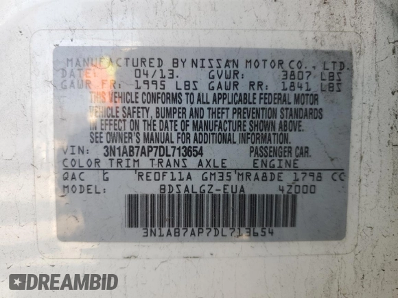 2013 Nissan Sentra SR z VIN 3N1AB7AP7DL713654, wystawiony jako Copart lot #52166535 z przebiegiem 169 272 mil mil oraz Szkoda całkowita • Salvage title. Historia ofert i sprzedaży dostępna na DreamBid. Obrazek 14.