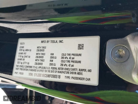 2021 Tesla Model 3 Performance with VIN 5YJ3E1EC5MF090518, listed as a IAAI auction lot 38775658 with 14,118 mi miles and . Bid and sale history available at carsss.com. Image 9.