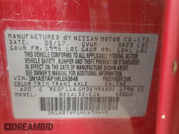 2017 Nissan Sentra SV with VIN 3N1AB7AP1HL693648, listed as a Copart auction lot 62637355 with 156,252 mi miles and Salvage title. Bid and sale history available at DreamBid. Image 12.