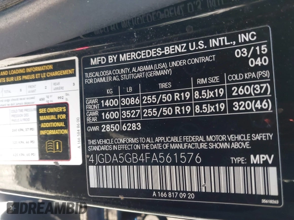 2015 Mercedes-Benz M 400 with VIN 4JGDA5GB4FA561576, listed as a IAAI auction lot 41588431 with 186,366 mi miles and . Bid and sale history available at DreamBid. Image 9.