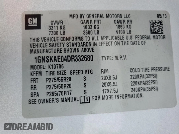 2013 Chevrolet Tahoe LS z VIN 1GNSKAE04DR332680, wystawiony jako Copart lot #81899914 z przebiegiem 216 063 mil mil oraz Szkoda całkowita • Salvage title. Historia ofert i sprzedaży dostępna na DreamBid. Obrazek 13.