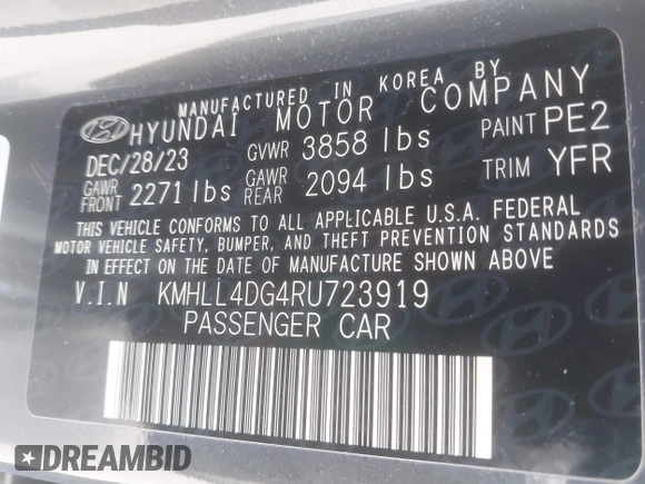 2024 Hyundai Elantra SE with VIN KMHLL4DG4RU723919, listed as a IAAI auction lot 42023857 with 8,978 mi miles and . Bid and sale history available at DreamBid. Image 9.
