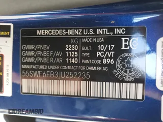 2018 Mercedes-Benz C 43 AMG with VIN 55SWF6EB3JU252235, listed as a Copart auction lot 85720424 with 74,266 mi miles and Salvage Title. Bid and sale history available at carsss.com. Image 12.