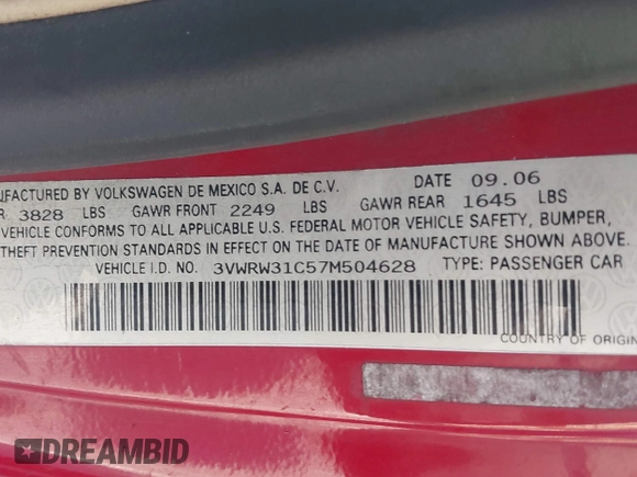 2007 Volkswagen Beetle z VIN 3VWRW31C57M504628, wystawiony jako IAAI lot #41842935 z przebiegiem 185 910 mil mil oraz . Historia ofert i sprzedaży dostępna na DreamBid. Obrazek 9.