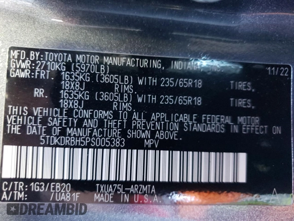 2023 Toyota Highlander L with VIN 5TDKDRBH5PS005383, listed as a Copart auction lot 44438255 with 17,149 mi miles and Salvage title. Bid and sale history available at DreamBid. Image 14.