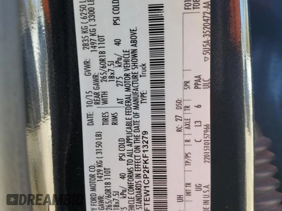 2015 Ford F-150 XL with VIN 1FTEW1CP2FKF13279, listed as a Copart auction lot 48454045 with 150,294 mi miles and Salvage title. Bid and sale history available at DreamBid. Image 12.