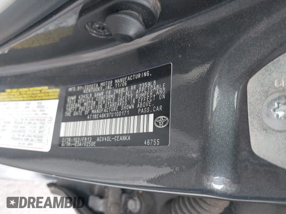 2007 Toyota Camry CE with VIN 4T1BE46K97U100171, listed as a IAAI auction lot 42019114 with 200,840 mi miles. Bid and sale history available at carsss.com. Image 9.