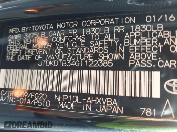 2016 Toyota Prius One with VIN JTDKDTB34G1122385, listed as a IAAI auction lot 41710563 with 48,275 mi miles and . Bid and sale history available at DreamBid. Image 9.