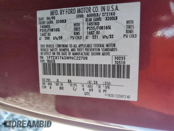 1998 Ford F-150 with VIN 1FTZX1763WNC22708, listed as a Copart auction lot 56914515 with 179,011 mi miles and Salvage title. Bid and sale history available at DreamBid. Image 13.