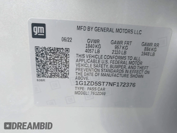 2022 Chevrolet Malibu LT with VIN 1G1ZD5ST7NF172376, listed as a IAAI auction lot 42026091 with 59,512 mi miles and . Bid and sale history available at DreamBid. Image 9.