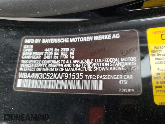 2019 BMW 4 Series 430i with VIN WBA4W3C52KAF91535, listed as a Copart auction lot 79342244 with 67,470 mi miles and Non repairable. Bid and sale history available at DreamBid. Image 14.