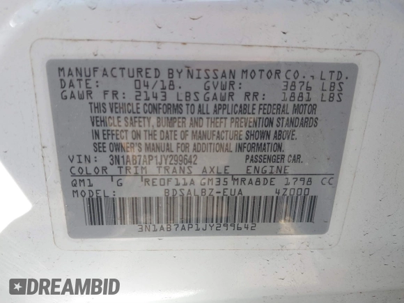 2018 Nissan Sentra SR with VIN 3N1AB7AP1JY299642, listed as a IAAI auction lot 41887464 with 113,380 mi miles and . Bid and sale history available at DreamBid. Image 9.