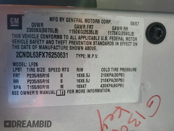 2007 Chevrolet Equinox LT with VIN 2CNDL63FX76250631, listed as a Copart auction lot 48610235 with 194,082 mi miles and Salvage Title. Bid and sale history available at carsss.com. Image 15.