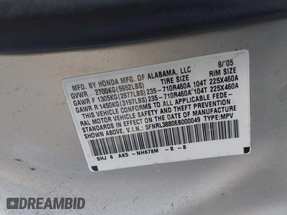 2006 Honda Odyssey TOURING with VIN 5FNRL38806B000049, listed as a IAAI auction lot 42095336 with 218,584 mi miles. Bid and sale history available at carsss.com. Image 9.