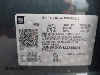 2018 Chevrolet Traverse Premier z VIN 1GNEVJKW4JJ240024, wystawiony jako IAAI lot #42369659 z przebiegiem 160 147 mil mil oraz . Historia ofert i sprzedaży dostępna na DreamBid. Obrazek 9.