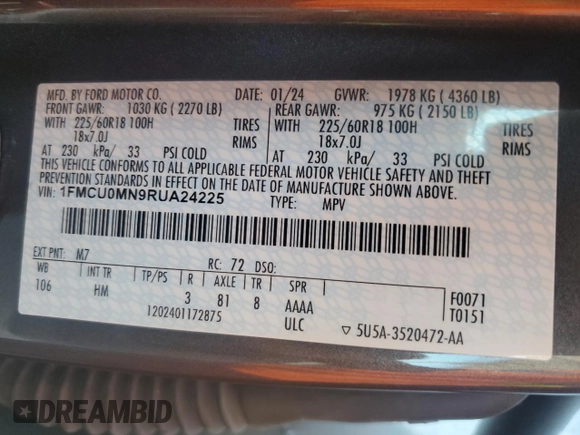 2024 Ford Escape ST-Line with VIN 1FMCU0MN9RUA24225, listed as a Copart auction lot 53051545 with 26,483 mi miles and Clean Title. Bid and sale history available at DreamBid. Image 14.