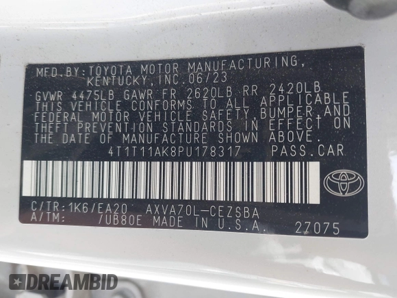 2023 Toyota Camry SE with VIN 4T1T11AK8PU178317, listed as a IAAI auction lot 41915729 with 22,264 mi miles and . Bid and sale history available at DreamBid. Image 9.
