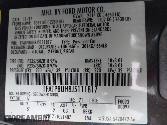 2018 Ford Mustang EcoBoost Premium with VIN 1FATP8UH8J5111817, listed as a IAAI auction lot 42426428 with 63,358 mi miles and . Bid and sale history available at DreamBid. Image 9.