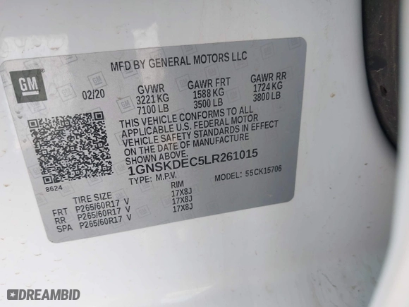 2020 Chevrolet Tahoe Commercial with VIN 1GNSKDEC5LR261015, listed as a IAAI auction lot 42001083 with 110,668 mi miles. Bid and sale history available at carsss.com. Image 9.