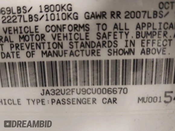 2012 Mitsubishi Lancer ES with VIN JA32U2FU9CU006670, listed as a IAAI auction lot 41669896 with 105,204 mi miles. Bid and sale history available at carsss.com. Image 9.