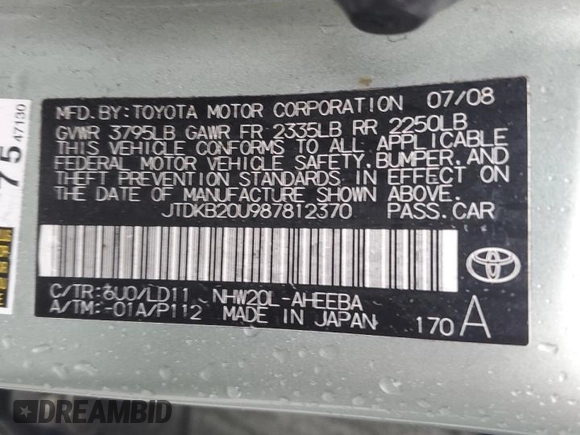 2008 Toyota Prius with VIN JTDKB20U987812370, listed as a Copart auction lot 56534775 with Not Provided miles and Clean Title. Bid and sale history available at DreamBid. Image 13.