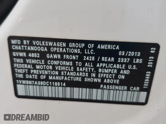 2013 Volkswagen Passat SE with VIN 1VWBN7A39DC118514, listed as a Copart auction lot 51520105 with 146,327 mi miles and Salvage title. Bid and sale history available at DreamBid. Image 14.