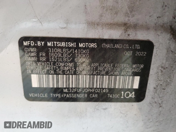 2023 Mitsubishi Mirage ES with VIN ML32FUFJ0PHF02149, listed as a Copart auction lot 53322425 with 51,272 mi miles and Salvage title. Bid and sale history available at DreamBid. Image 12.
