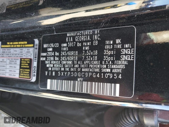 2023 Kia Telluride SX Prestige X-Line с VIN 5XYP5DGC9PG410954, выставлен на аукционе Copart как лот 50251185 с пробегом 32 378 миль миль и Списание • Salvage title. История ставок и продаж доступна на DreamBid. Изображение 14.