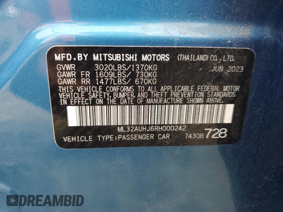 2024 Mitsubishi Mirage ES z VIN ML32AUHJ6RH000242, wystawiony jako Copart lot #52795295 z przebiegiem 8 978 mil mil oraz Szkoda całkowita • Salvage title. Historia ofert i sprzedaży dostępna na DreamBid. Obrazek 13.