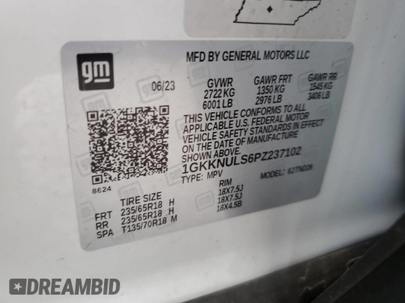 2023 GMC Acadia SLT with VIN 1GKKNULS6PZ237102, listed as a Copart auction lot 57768475 with Not provided miles and Salvage title. Bid and sale history available at DreamBid. Image 13.