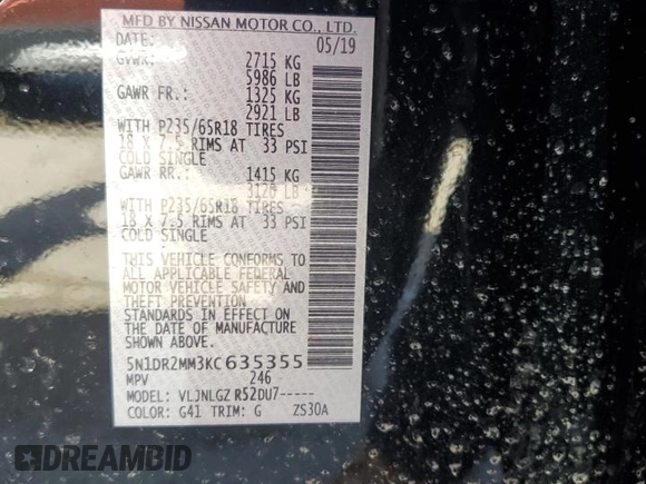 2019 Nissan Pathfinder SL z VIN 5N1DR2MM3KC635355, wystawiony jako Copart lot #52355495 z przebiegiem 84 567 mil mil oraz Szkoda całkowita • Salvage title. Historia ofert i sprzedaży dostępna na DreamBid. Obrazek 15.