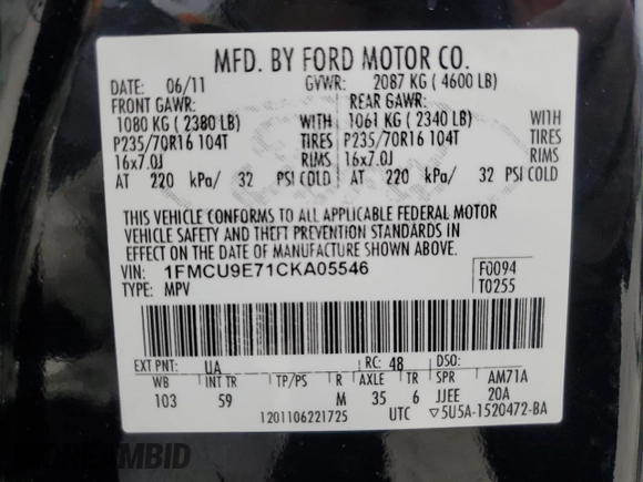 2012 Ford Escape Limited with VIN 1FMCU9E71CKA05546, listed as a Copart auction lot 55032085 with 121,168 mi miles and Clean title. Bid and sale history available at DreamBid. Image 14.