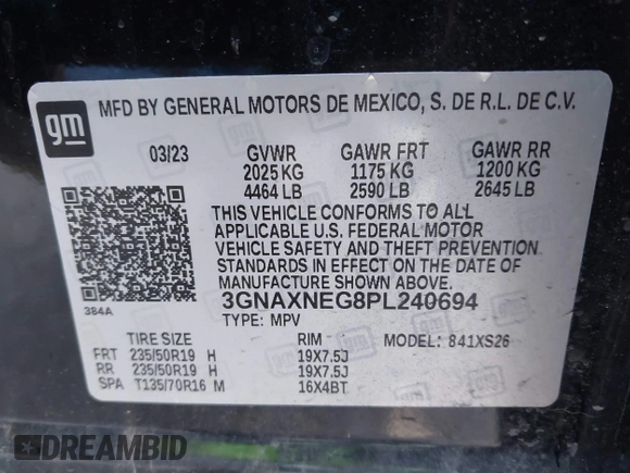 2023 Chevrolet Equinox Premier z VIN 3GNAXNEG8PL240694, wystawiony jako IAAI lot #41212275 z przebiegiem 28 134 mil mil oraz . Historia ofert i sprzedaży dostępna na DreamBid. Obrazek 9.
