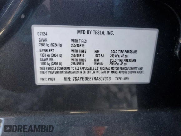 2024 Tesla Model Y Long Range with VIN 7SAYGDEE7RA307013, listed as a Copart auction lot 54767595 with 12,953 mi miles and Salvage Title. Bid and sale history available at DreamBid. Image 13.