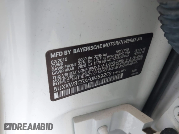 2015 BMW X4 xDrive28i with VIN 5UXXW3C5XF0M89259, listed as a IAAI auction lot 42553903 with 98,960 mi miles and . Bid and sale history available at DreamBid. Image 9.