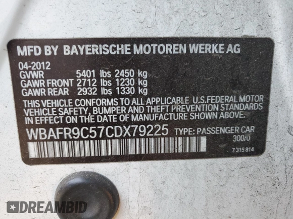 2012 BMW 5 Series 550i with VIN WBAFR9C57CDX79225, listed as a Copart auction lot 84459564 with Not Provided miles and Salvage Title. Bid and sale history available at carsss.com. Image 12.