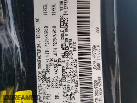 2015 Toyota Tundra 4WD Truck SR5 with VIN 5TFDW5F19FX436150, listed as a Copart auction lot 66315854 with 165,686 mi miles and Salvage Title. Bid and sale history available at carsss.com. Image 12.