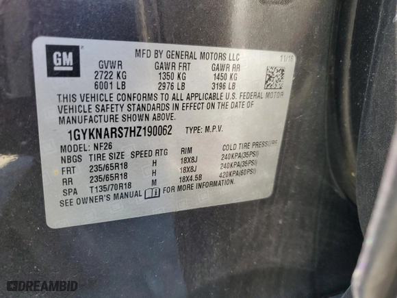2017 Cadillac XT5 FWD with VIN 1GYKNARS7HZ190062, listed as a Copart auction lot 46134265 with 38,025 mi miles and Salvage Title. Bid and sale history available at carsss.com. Image 12.