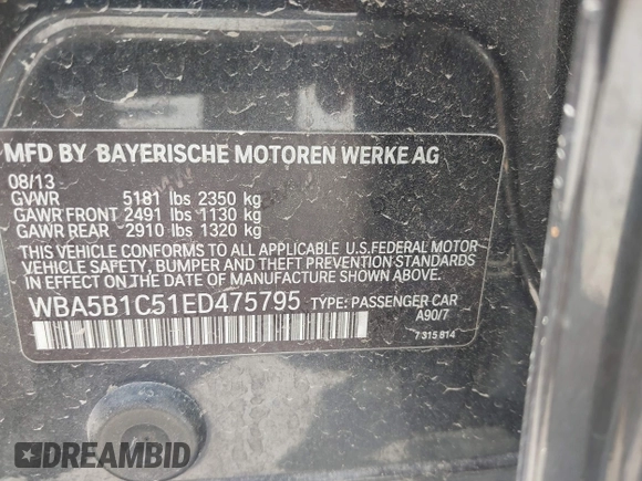 2014 BMW 5 Series 535i with VIN WBA5B1C51ED475795, listed as a IAAI auction lot 42028184 with 119,692 mi miles. Bid and sale history available at carsss.com. Image 9.