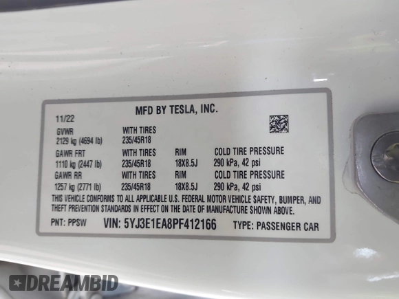 2023 Tesla Model 3 z VIN 5YJ3E1EA8PF412166, wystawiony jako IAAI lot #41461983 z przebiegiem 25 908 mil mil oraz . Historia ofert i sprzedaży dostępna na DreamBid. Obrazek 9.