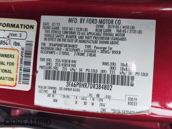 2013 Ford Fusion SE с VIN 3FA6P0HR7DR384802, выставлен на аукционе IAAI как лот 42416568 с пробегом 153 200 миль миль и . История ставок и продаж доступна на DreamBid. Изображение 9.
