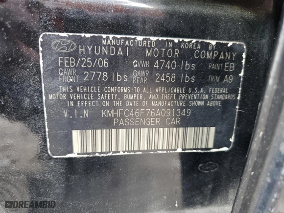 2006 Hyundai Azera SE with VIN KMHFC46F76A091349, listed as a Copart auction lot 52952675 with 140,566 mi miles and Salvage Title. Bid and sale history available at carsss.com. Image 12.