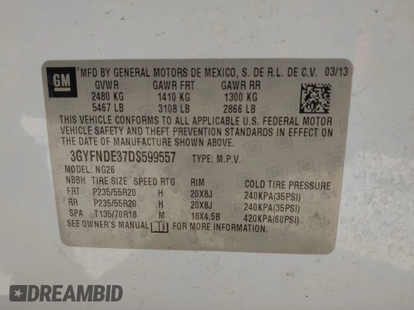 2013 Cadillac SRX Performance Collection with VIN 3GYFNDE37DS599557, listed as a IAAI auction lot 41633569 with 100,611 mi miles and . Bid and sale history available at DreamBid. Image 9.